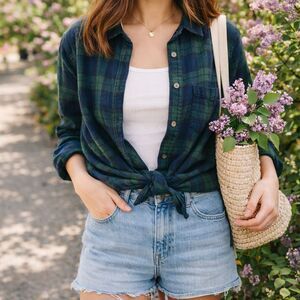 LL Bean Relaxed Fit Flannel Shirt "Black Watch" Tartan Plaid Women's M Preppy